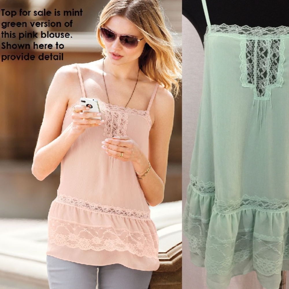 VICTORIA'S SECRET Mint Chiffon Lined Lace Embroidered Ruffle Tank Tunic ⭐️